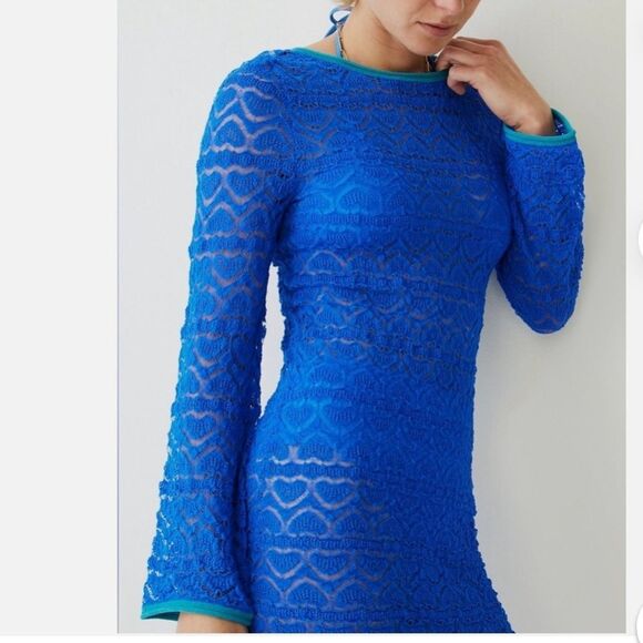J Crew Limited Edition Blue Open Back Lace Mini Sweater Dress Size XL - Picture 1 of 8